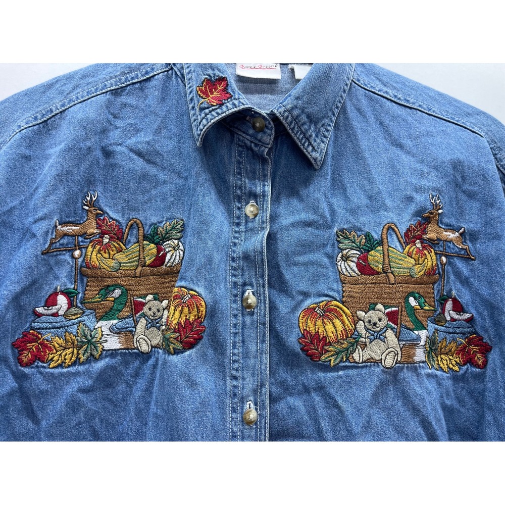Bobbie Brooks VTG 90 XL Denim Shirt Fall Harvest Pumpkin Teddy Bear Embroidered - Picture 3 of 5